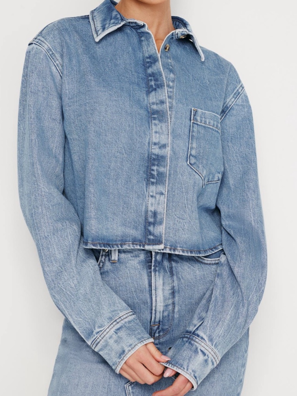 Good American Light Blue Denim cropped Button-Down Shirt